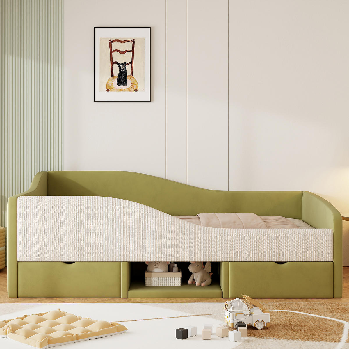 POLSTERBETT 90/190 cm dunkelgrün mit Stauraum und Sicherheitsgitter - Grün, Textil (90/190cm) - OKWISH