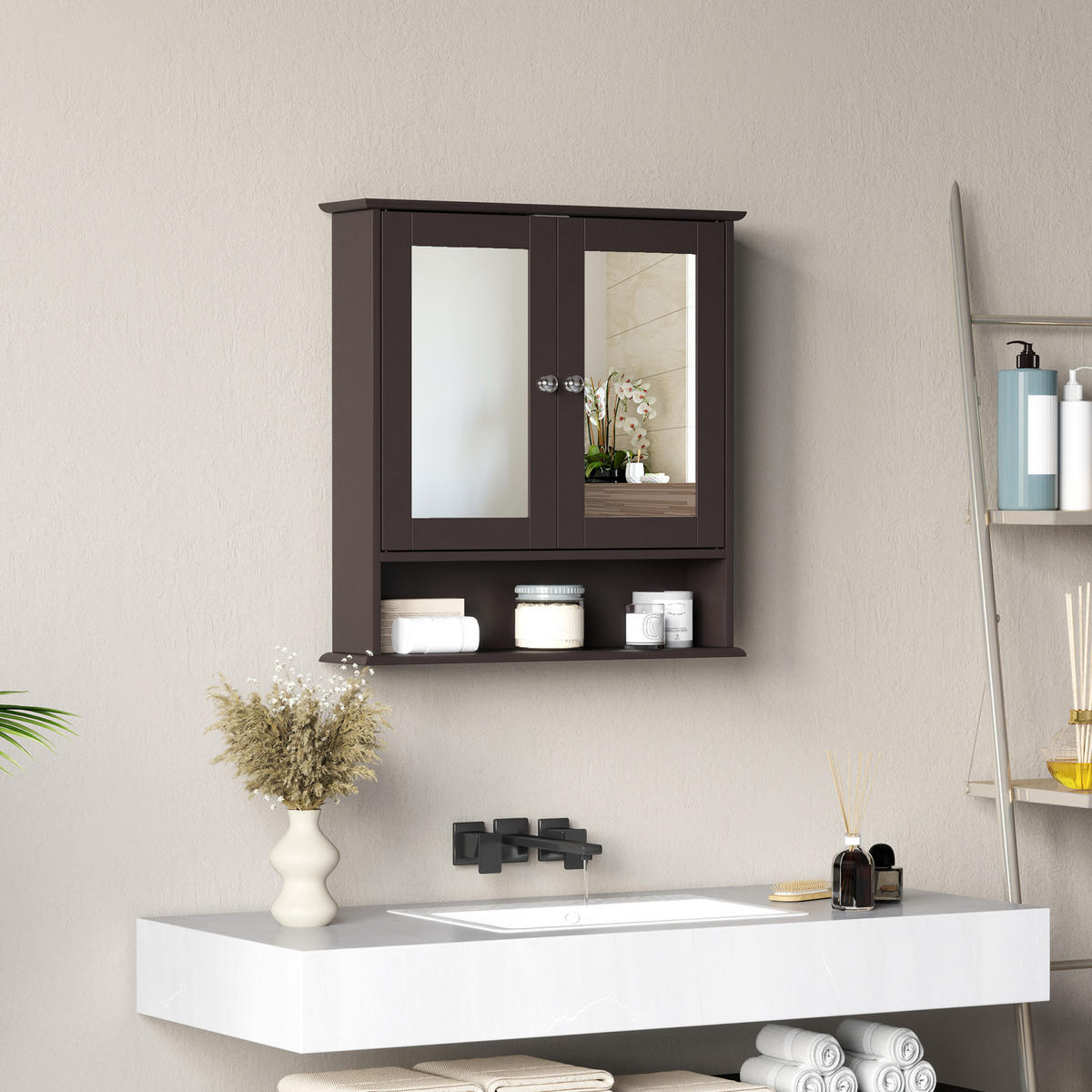 SPIEGELSCHRANK, Wandschrank mit 2 Türen, verstellbarem Einlegeboden, 56 x 13 x 58 cm ,Dunkelbraun - Dunkelbraun, Glas (56/58/13cm) - Vallsero