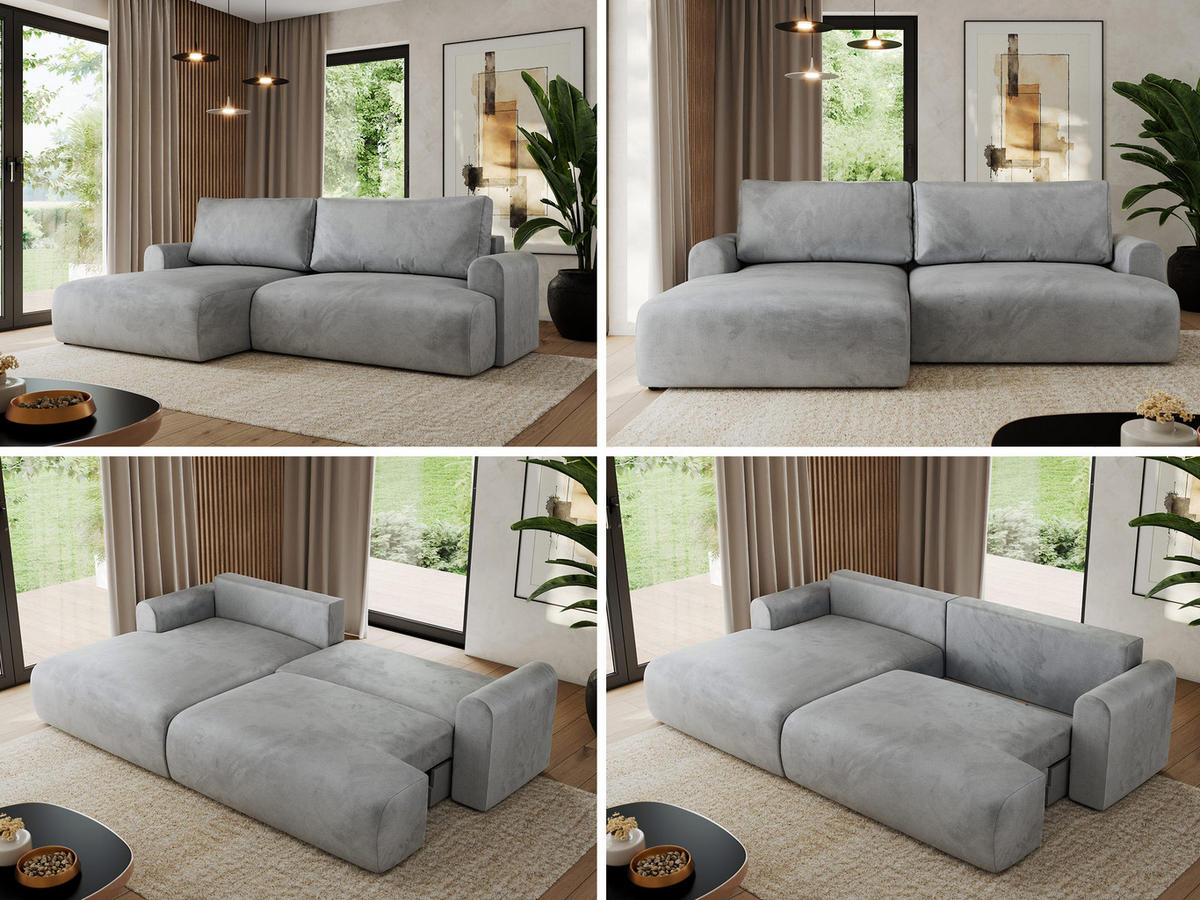 ECKSCHLAFSOFA TONO L Hellgrau Velvet - links - Hellgrau/Schwarz, Kunststoff/Textil (260/150cm) - MKS