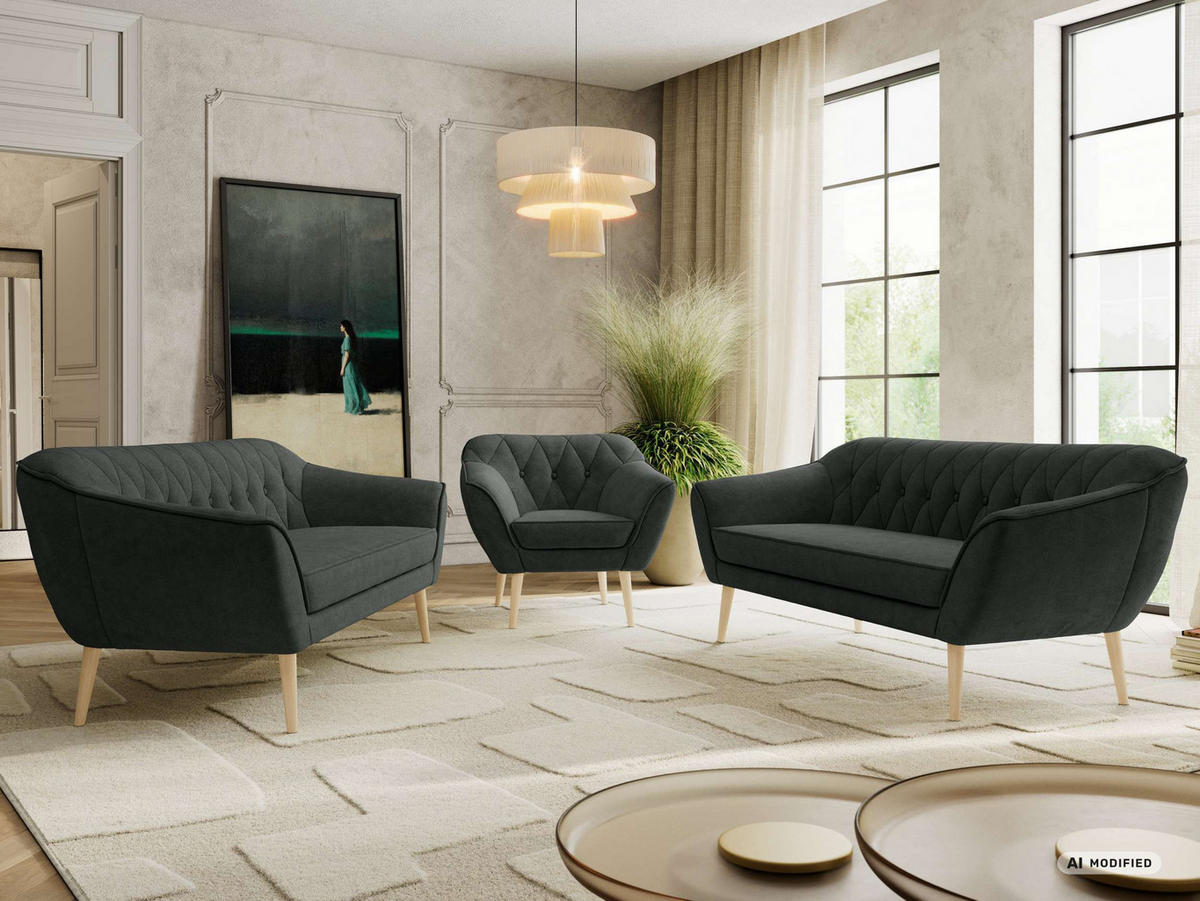 SEDACIA ZOSTAVA 3+3+1 PIRS - Tmavosivá Štruktúrovaná látka - Drevené nohy - farba buka/grafitová, kompozitné drevo/textil (180/75/74cm) - MKS