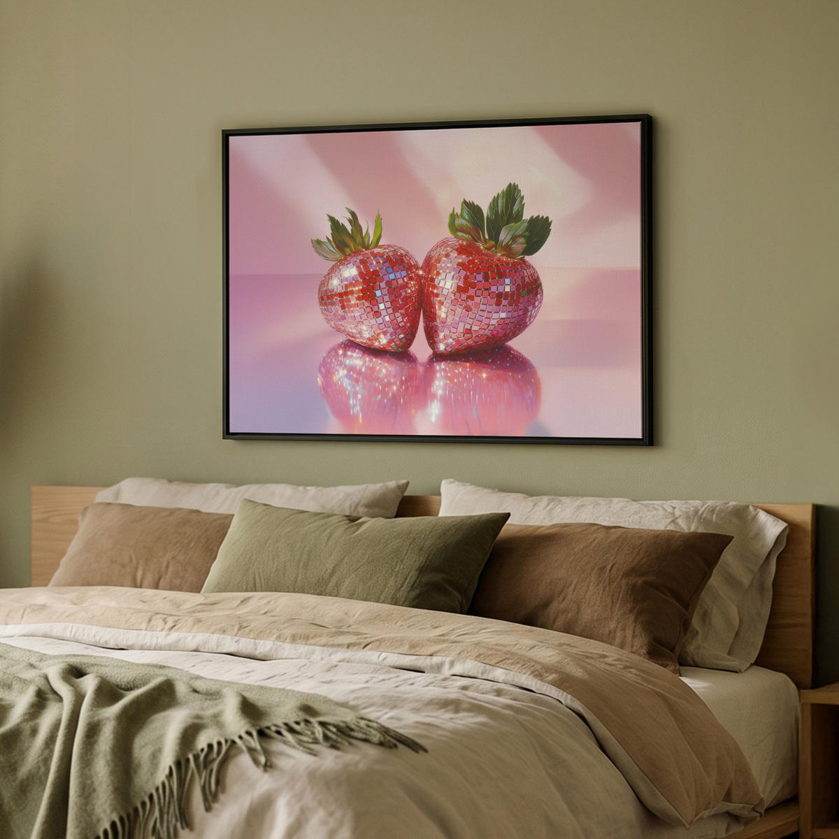 LEINWAND Bilder mit Rahmen - Disco - Obst - Glitzer - Erdbeere - 70x50 - Pink, Textil (70/50cm) - MuchoWow