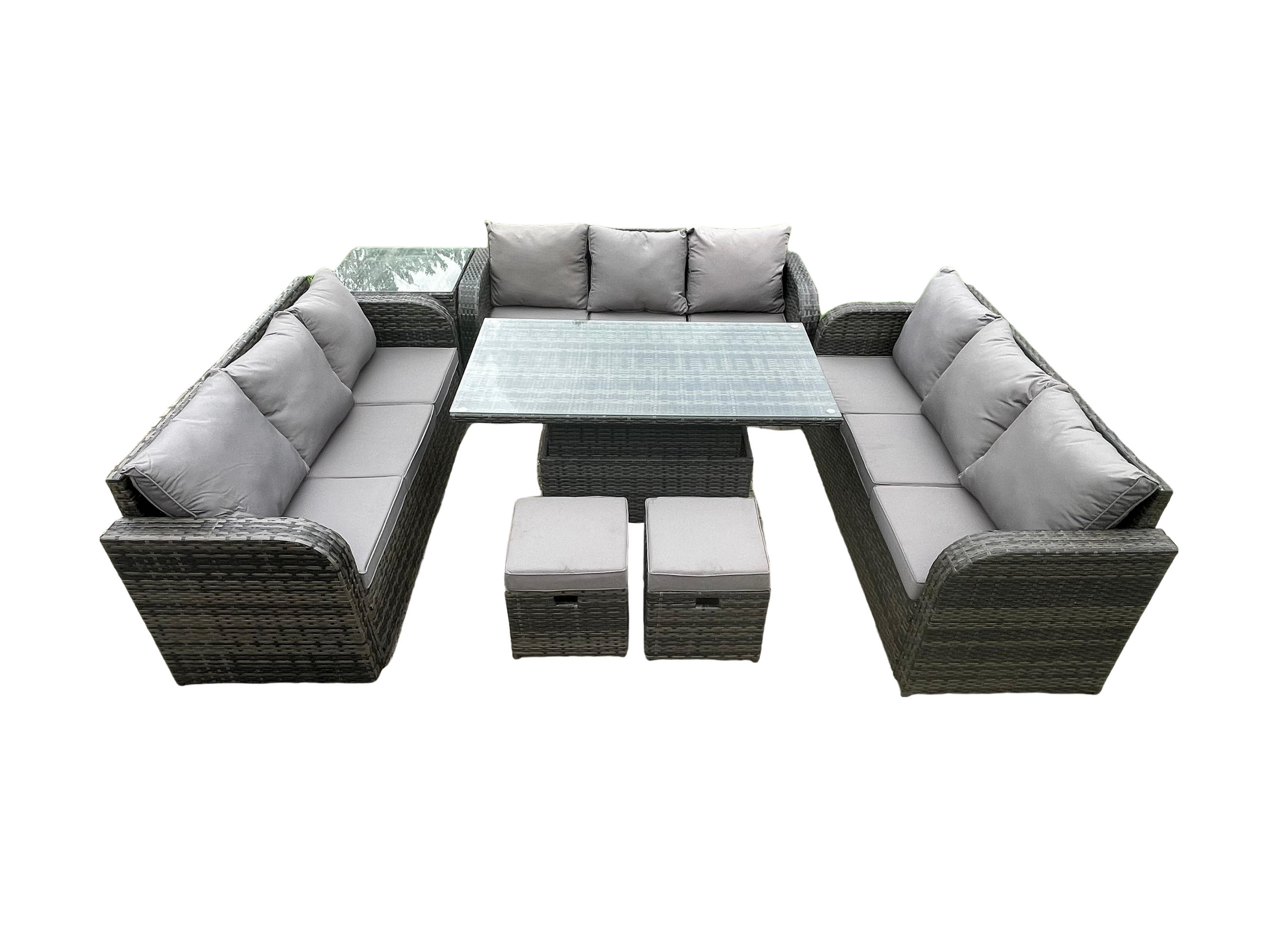 GARTENSOFA SET Polyrattan 11-Sitzer - Dunkelgrau/Grau, Glas/Kunststoff - Fimous