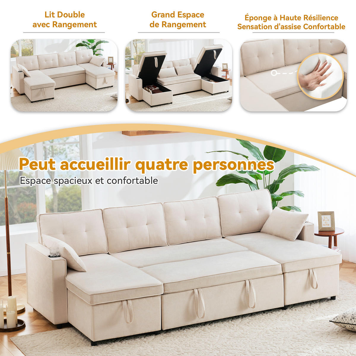 ECKSOFA U-Form Bettfunktion Baumwoll-Leinen Getränkehalter Stauraum Beige - Beige, Holz (123.01/19.71/65.51cm) - FLIEKS