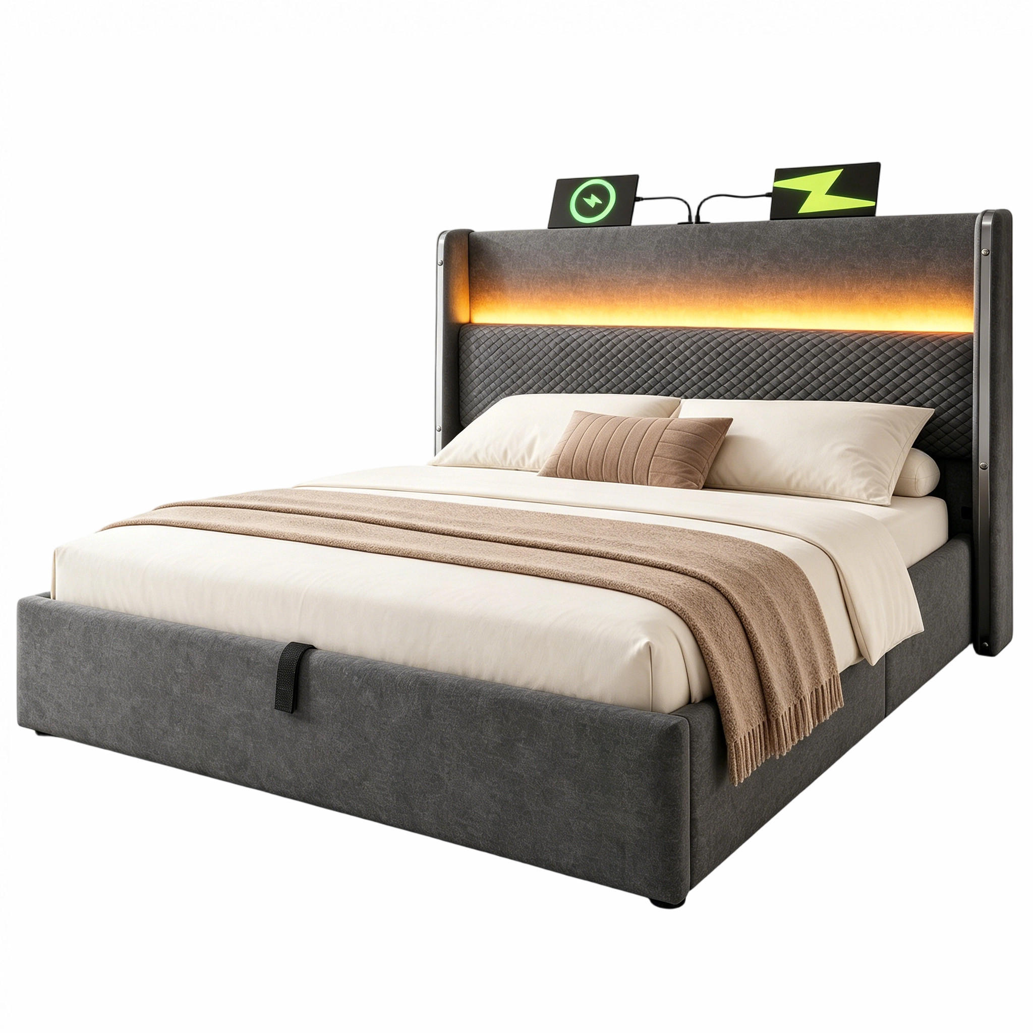 POLSTERBETT 140/200 cm in Grau mit Bettkasten, LED, USB und Type-C Leinen Design - Grau, Holzwerkstoff/Textil (140/200cm) - STILVORA