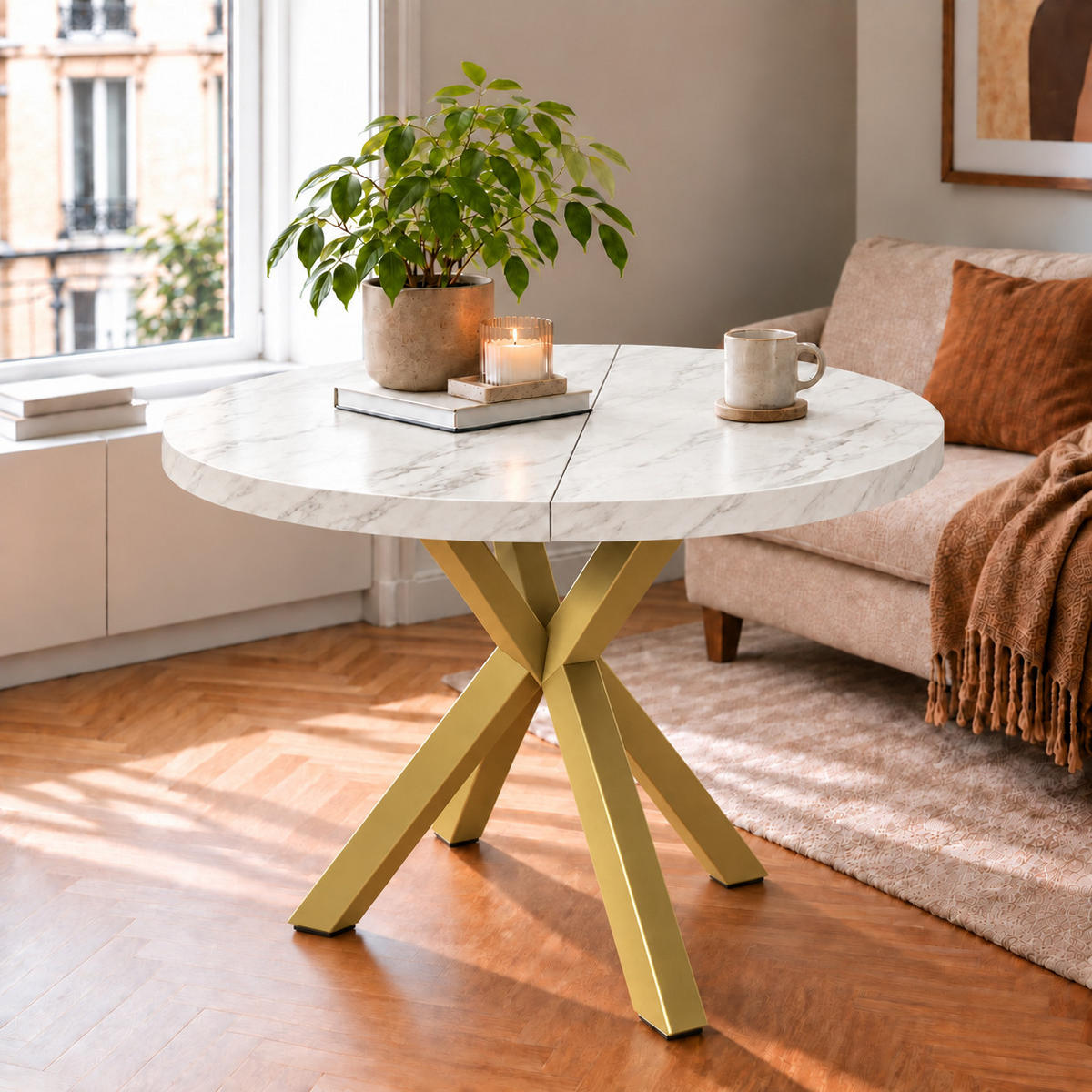 ESSTISCH rund ausziehbar 100/200/76 cm, Marmor, 54 cm Tischplatte + X Metallbeine Gold - Goldfarben/Hellgrau, Holzwerkstoff/Metall (100/200/76cm) - Damale Möbel