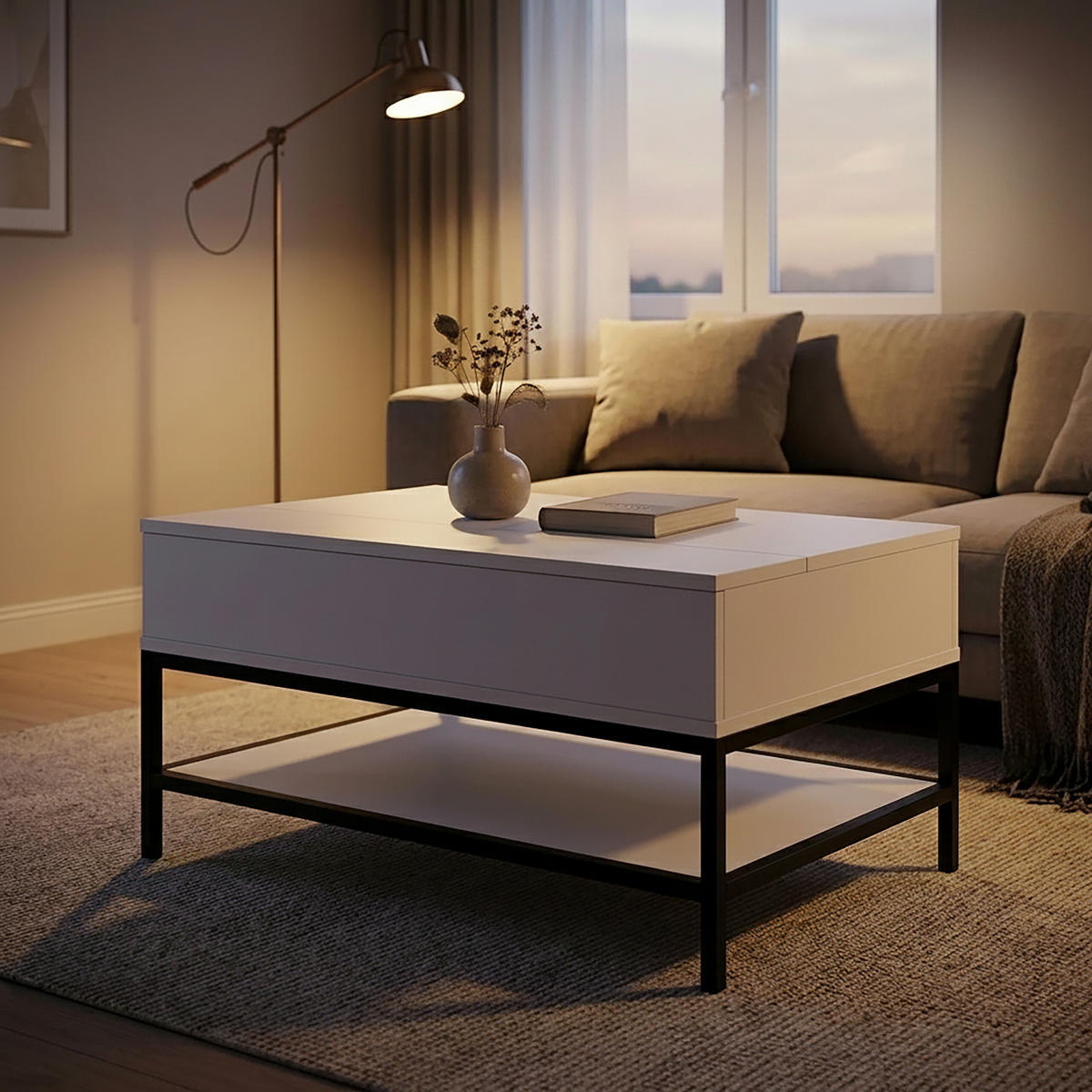 COUCHTISCH Schwarz aufklappbar höhenverstellbar 90x60 cm - Weiß, Holzwerkstoff/Metall (90/86.5/58cm) - Relaxdays