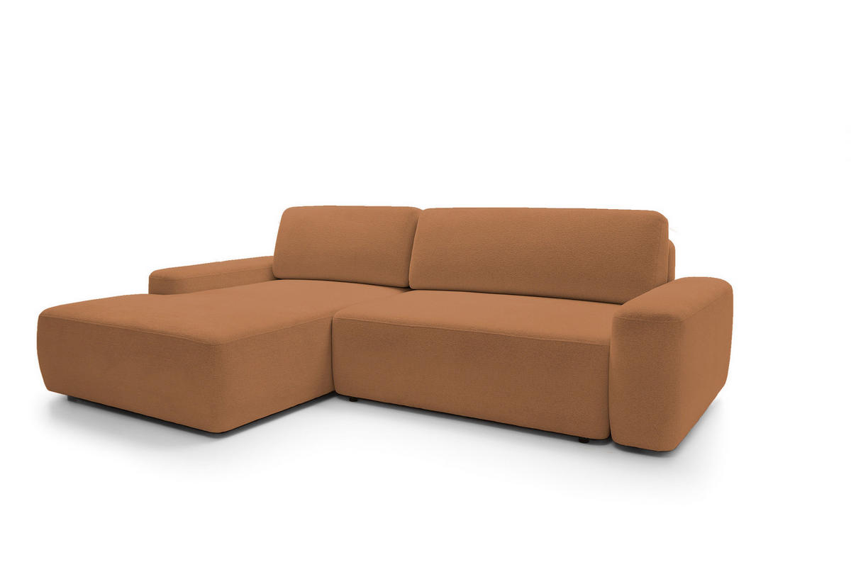 ECKSOFA BOULI 4-Sitzer ECKSOFA BOULI Raven Polstersofa mit Schlaffunktion 130x210cm Bettzeugablage 264x162x82cm linksseitig Farbe: orange - Orange, Holz/Textil (162/264cm) - DomoHome