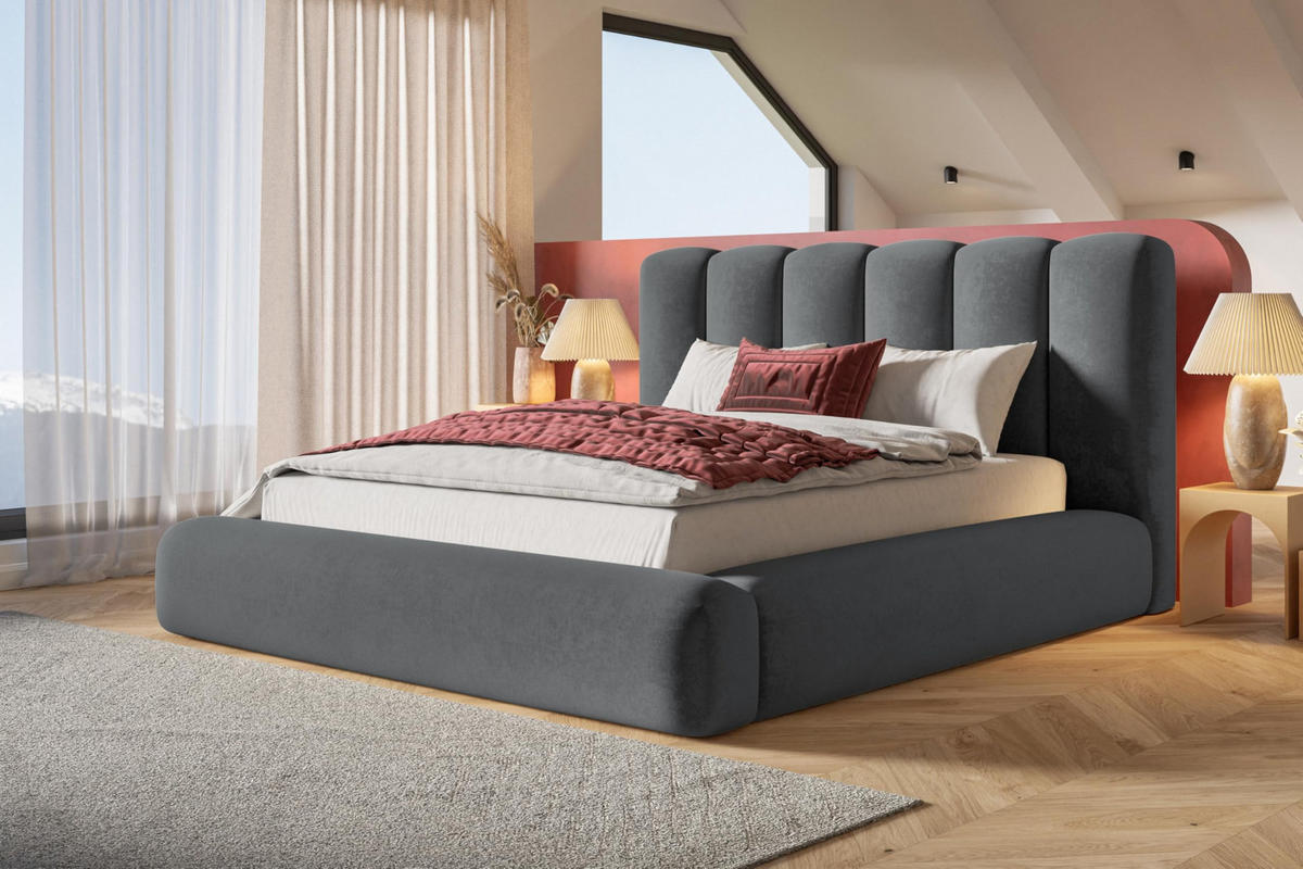BETT 120x200 - Polsterbett mit Bettkasten und Holzrahmen - Modern Bett - Eleganter Jasmine-Stoff - Kollektion Alva Maxi - Grau - Grau, Holz/Textil (120/200cm) - Alpi-Möbel