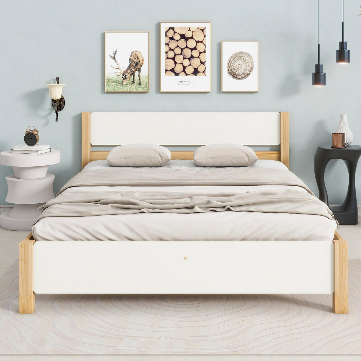 RAHMENBETT Doppelbett 140/200 cm Weiß + Natur Kiefernholzrahmen mit Mittelfuß - Naturfarben, Holz (140/200cm) - OKWISH