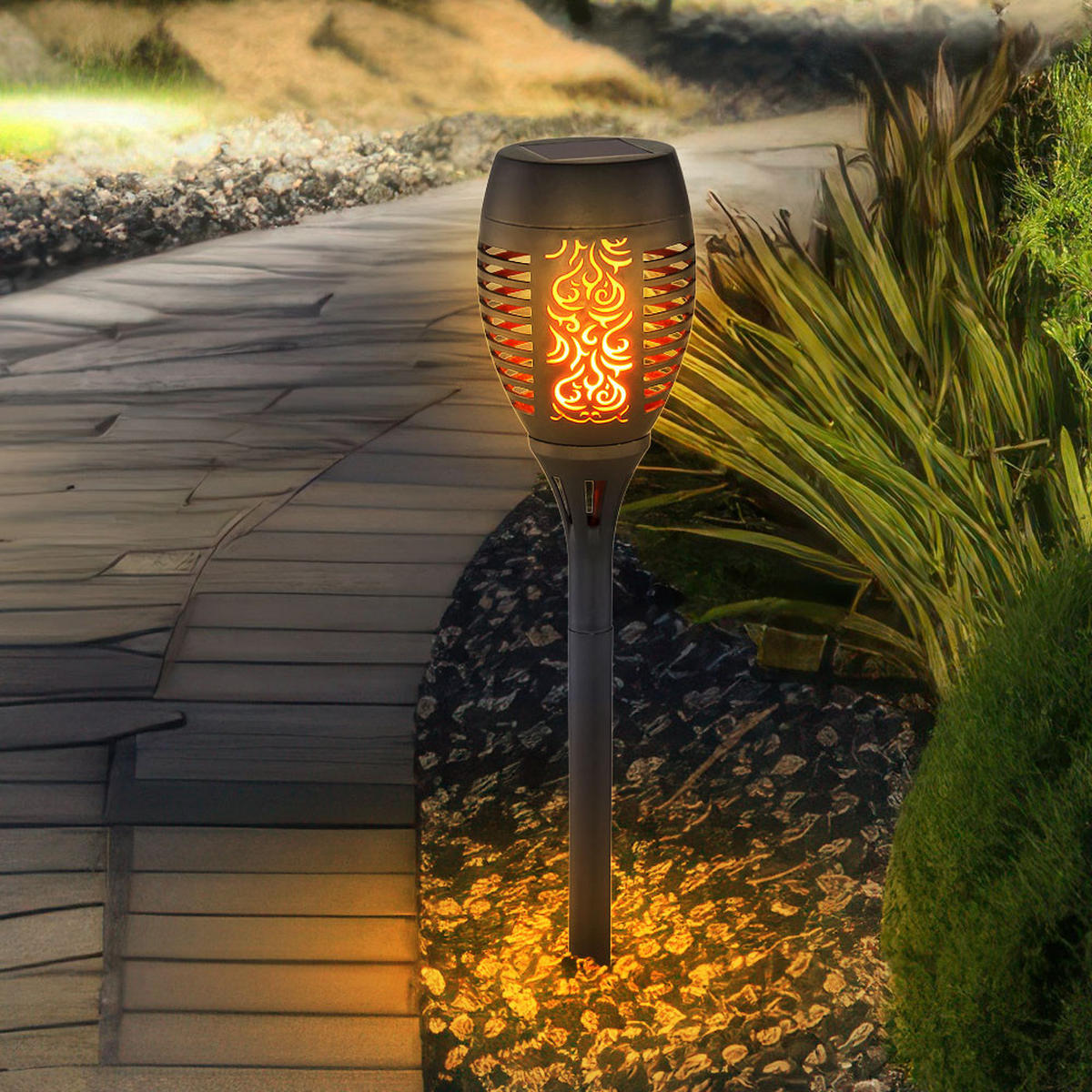 LED AUSSENLEUCHTE Solar Feuereffekt Schwarz 2er Set - Schwarz, Kunststoff (9.5/9.5/49.5cm) - Globo Lighting