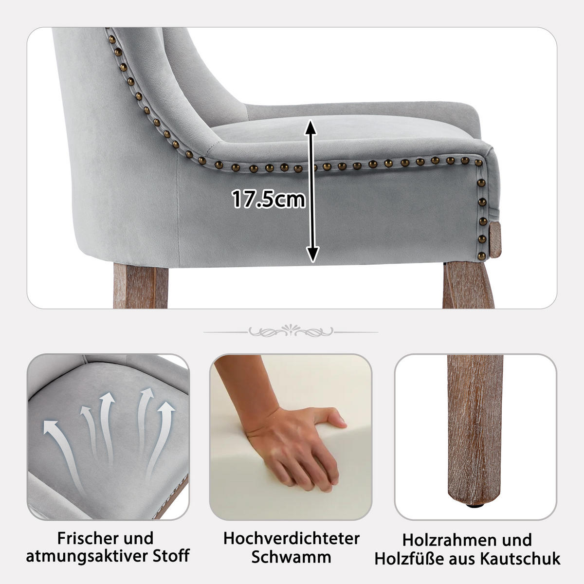 ESSZIMMERSTUHL 2er Set Samt Grau Polsterstuhl Massivholz Modern - Grau, Textil (55/91/61cm) - FLIEKS