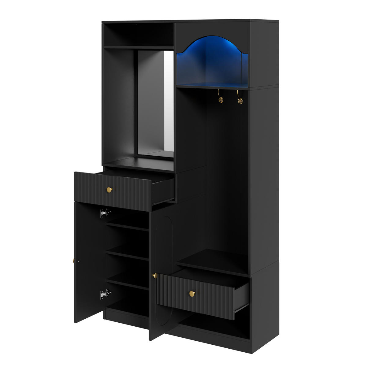 GARDEROBE-SET in Schwarz Flurmöbel Set mit Spiegel und Sitzbank für Flur, B100/T35/H180cm - Schwarz, Holzwerkstoff (100/180/35cm) - STILVORA