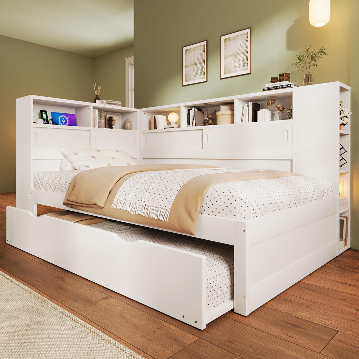 KINDERBETT mit Ausziehbett und Stauraum 90x200 cm Weiß - Weiß, Holz (90/200cm) - Meubliv