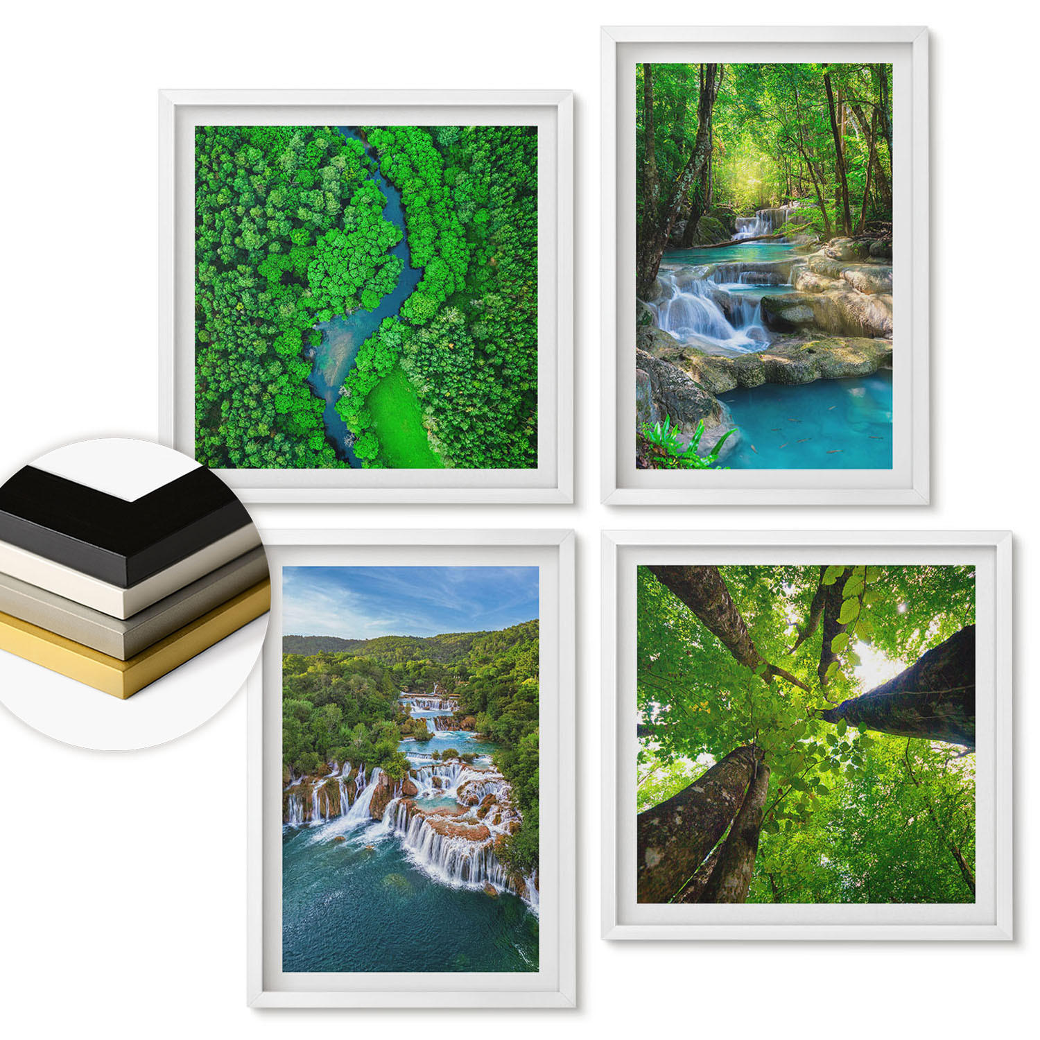 WANDBILDER 4er-Set - 50x50 cm & 40x60 cm Weißer Rahmen - Wasserfälle grüner Wald Wasser - Weiß, Kunststoff (50/50cm) - ArtPrintCave