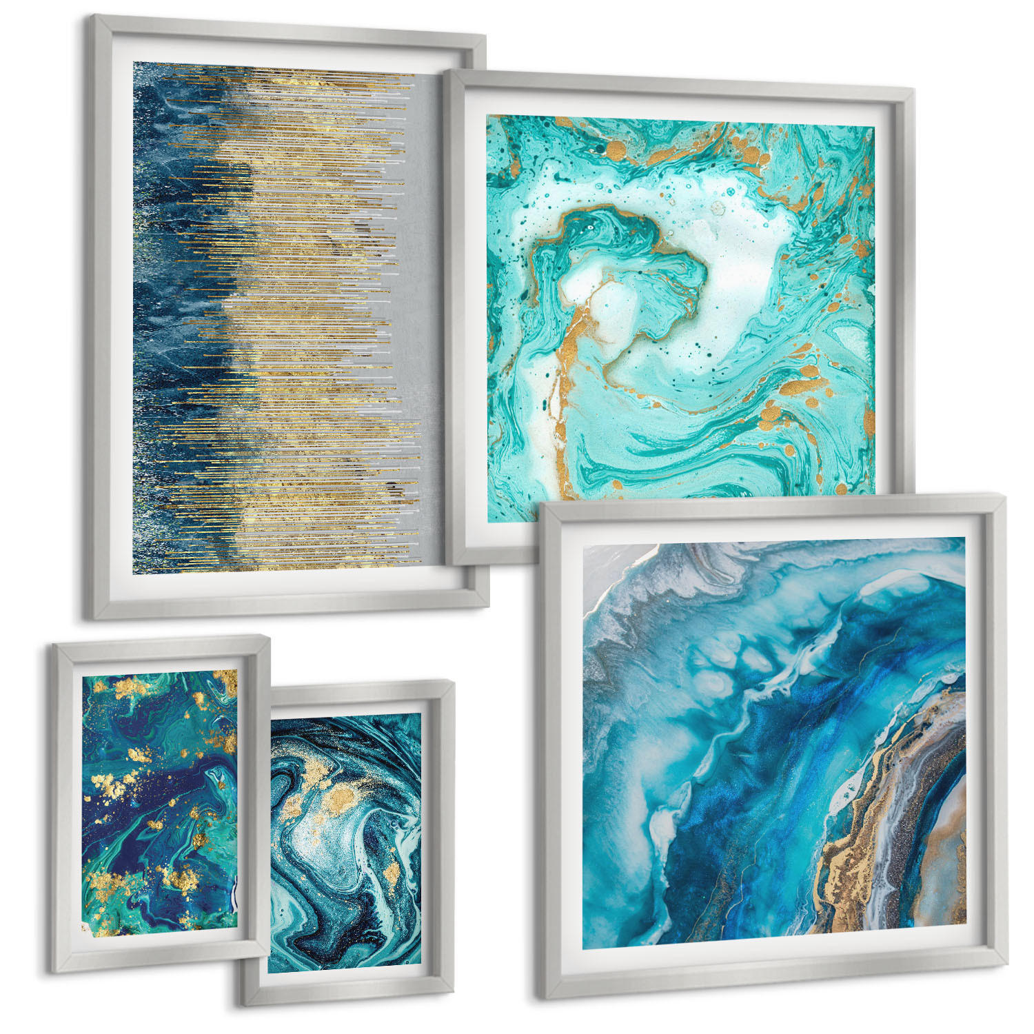 BILDER SET 5er Set - 50x50 cm & 20x30 cm & 40x60 cm Silberner Rahmen - Wilde Landschaften, Berge, Hirsche - Silberfarben, Kunststoff (40/60cm) - TULUP