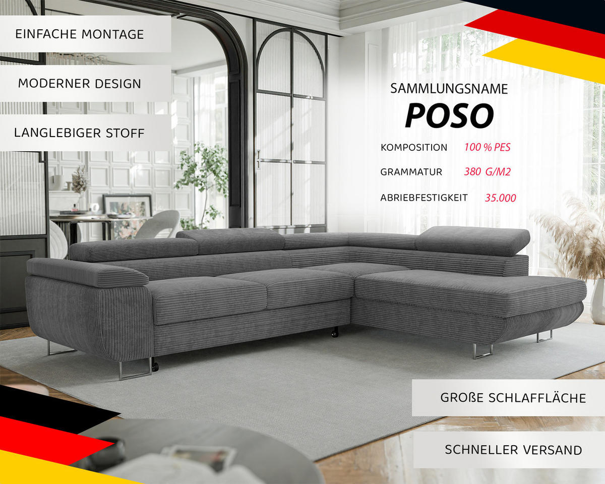 ECKSOFA ANTON mit Schlaffunktion und Bettkasten Grau - Grau, Holzwerkstoff/Kunststoff (274/203cm) - Idohome