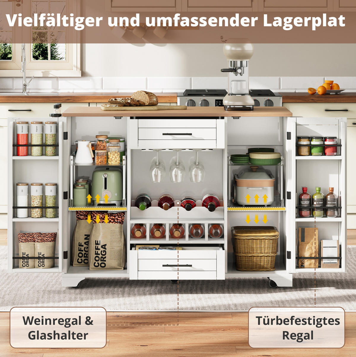 KÜCHENINSEL 138/45(70)/92 cm aus MDF mit klappbarer Arbeitsplatte und Rollen Weiß/Natur - Weiß, Holzwerkstoff (138/92/70cm) - Modenvie