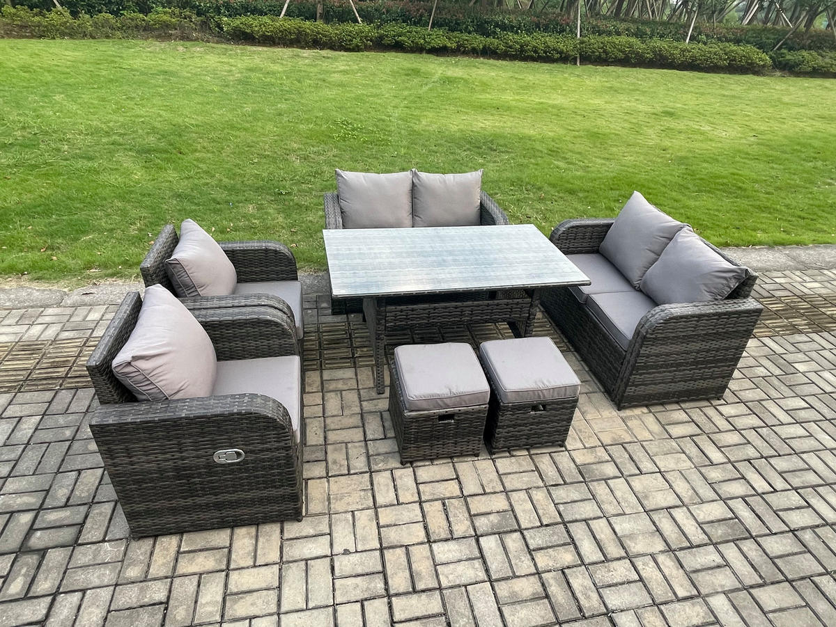 GARTENGARNITUR mit Liegestuhl,Zweisitzer,2 Hockern Polyrattan Dunkelgrau 8-Sitzer - Dunkelgrau/Grau, Glas/Kunststoff - Fimous