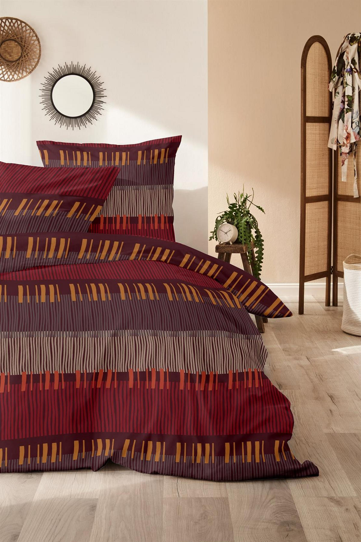 BIBER-BETTWÄSCHE 135x200 - Kuschelig warmer Flanell Bettbezug aus 100% Baumwolle für Herbst & Winter - Boho Muster Rot - Bordeaux, Textil (135/200cm) - Carpe Sonno