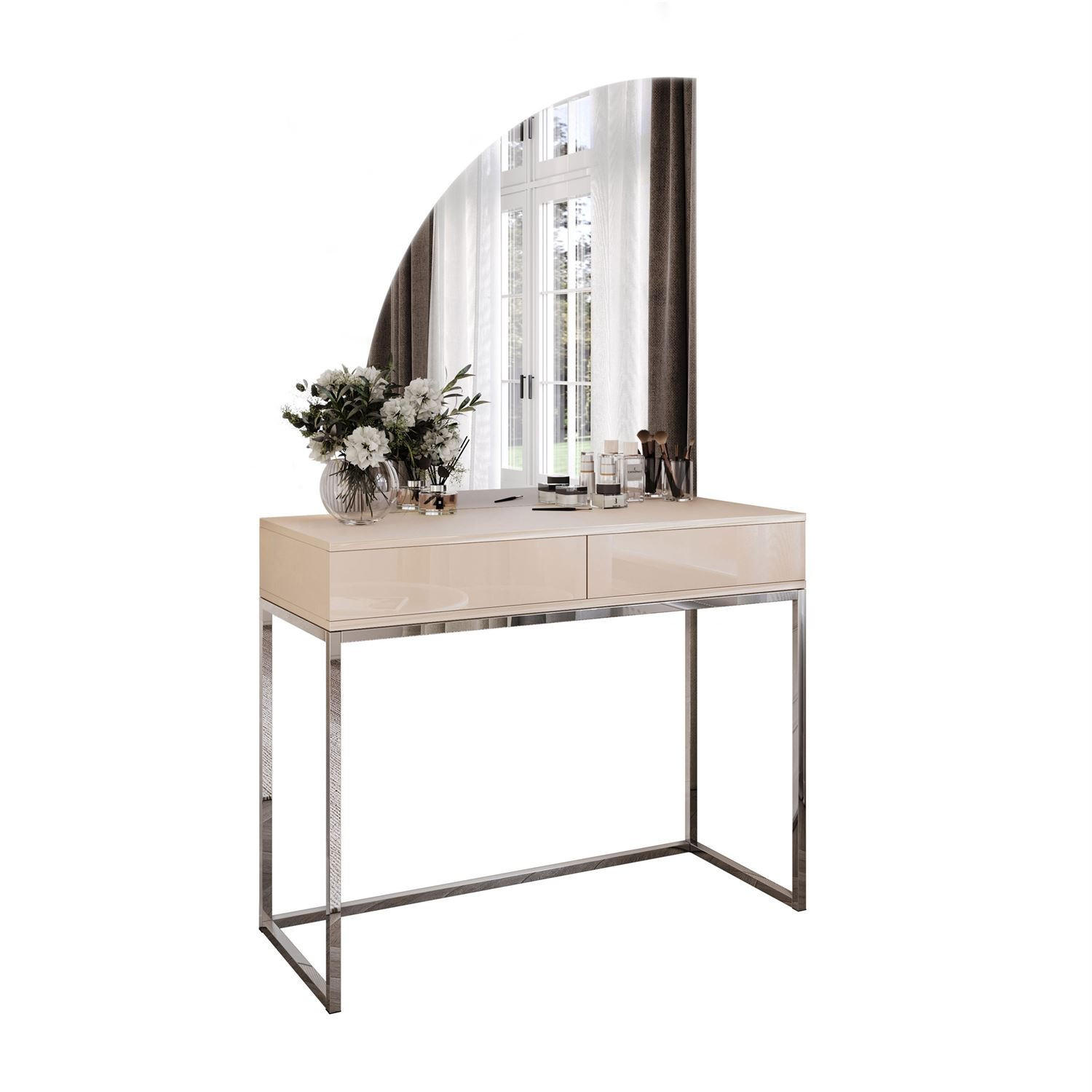 SCHMINKTISCH QUINNIE KASCHMIR mit LED-Spiegel Chrom links PUSH OPEN - Kaschmir/Goldfarben, Holzwerkstoff (100/175/42cm) - Lookway