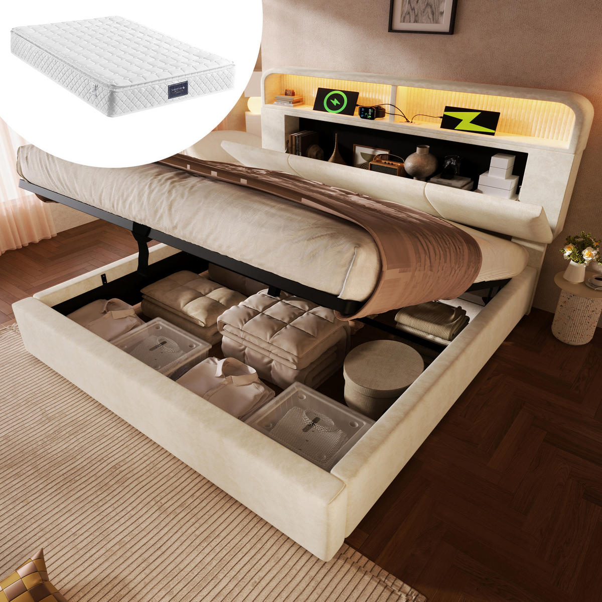 BETT mit Stauraum 160x200 cm Samt Beige inkl. Matratze - Beige, Metall (160/200cm) - Meubliv