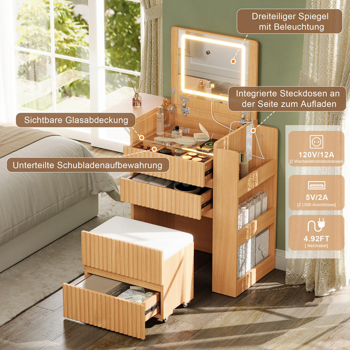 SCHMINKTISCH LED Spiegel USB Hocker 3 Schubladen Modern - Naturfarben, Holzwerkstoff (79/120/40cm) - FLIEKS