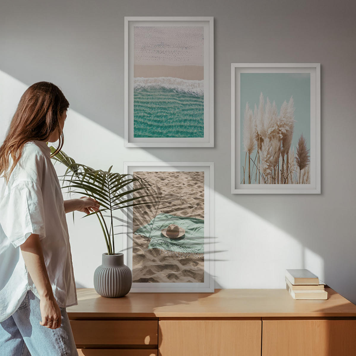 WANDBILDER 3er-Set - 40x60 cm Weißer Rahmen - Strandwellen Grashut - Weiß, Kunststoff (40/60cm) - ArtPrintCave