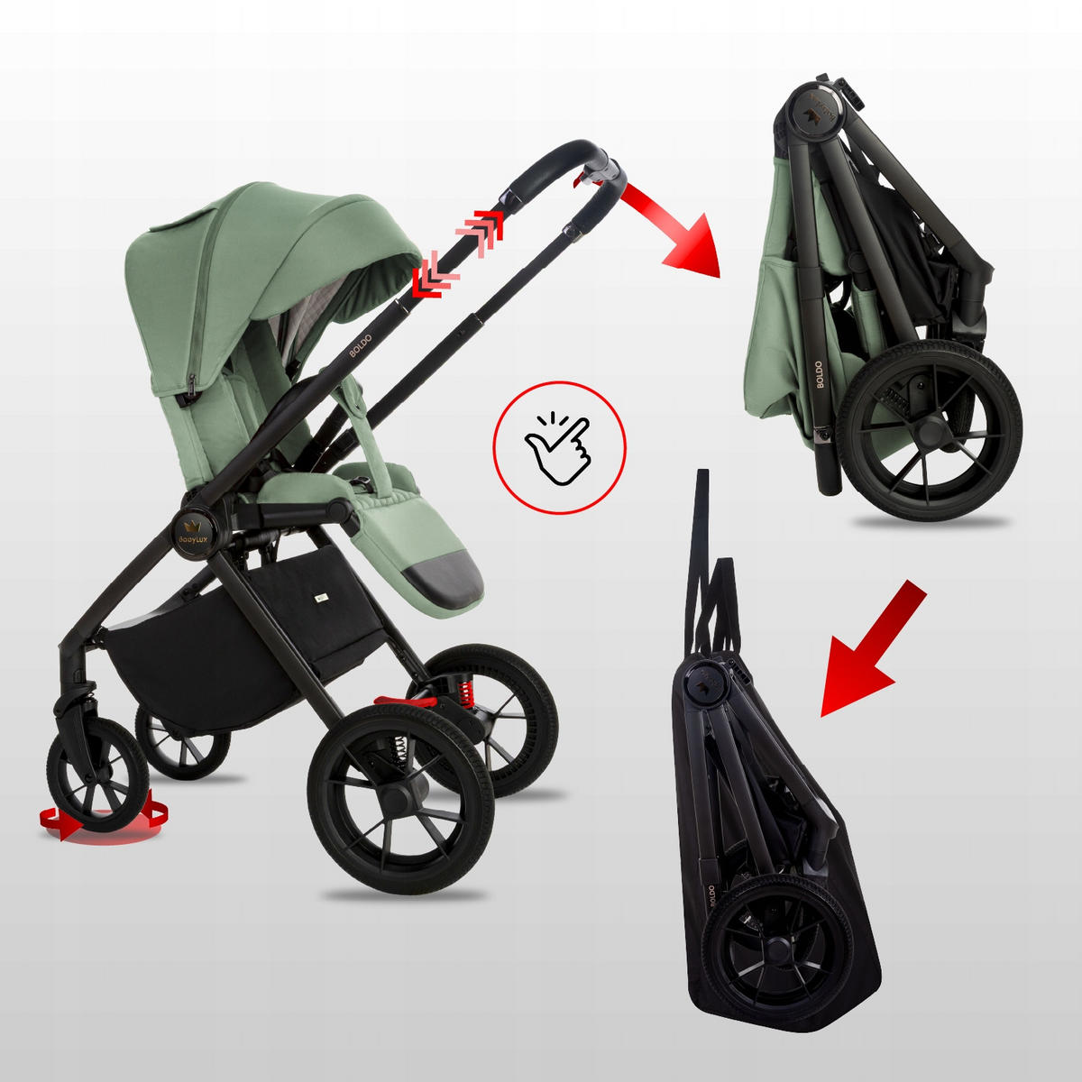 KINDERWAGEN Boldo 4in1 Grau Babywanne, Reisebuggy, Autositz, Isofix Basis - Schwarz/Grün, Textil/Metall (58/98cm) - BabyLux