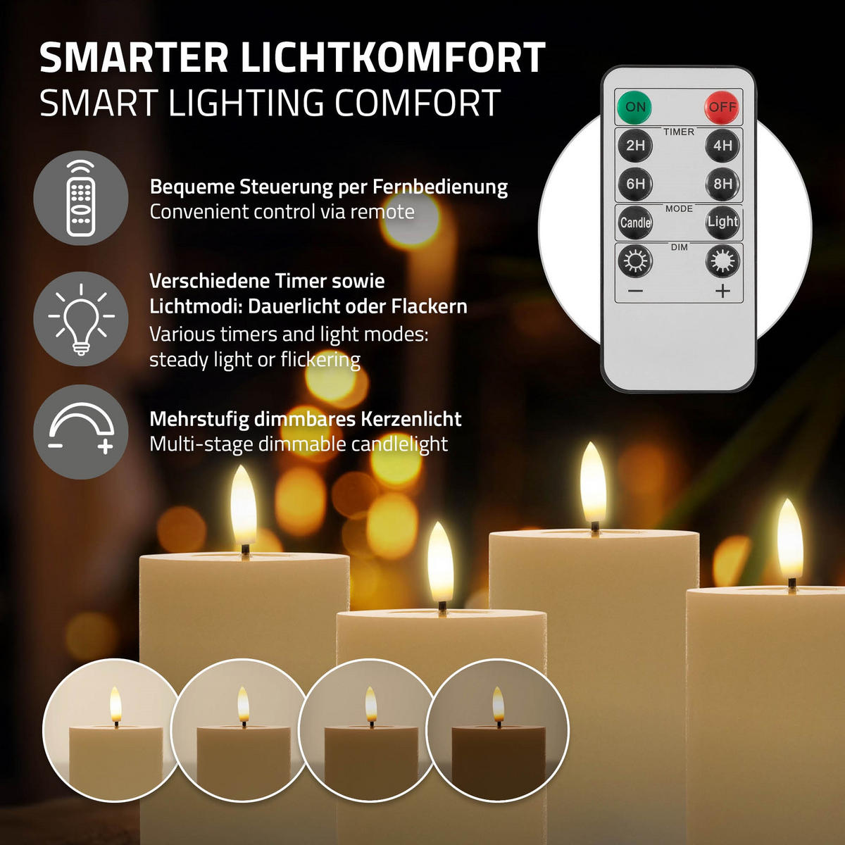 SADA 4 dobíjecích LED svíček z pravého vosku s dálkovým ovládáním, časovačem a stmíváním - krémová, plast (7/13.5/7cm) - ECD-Germany