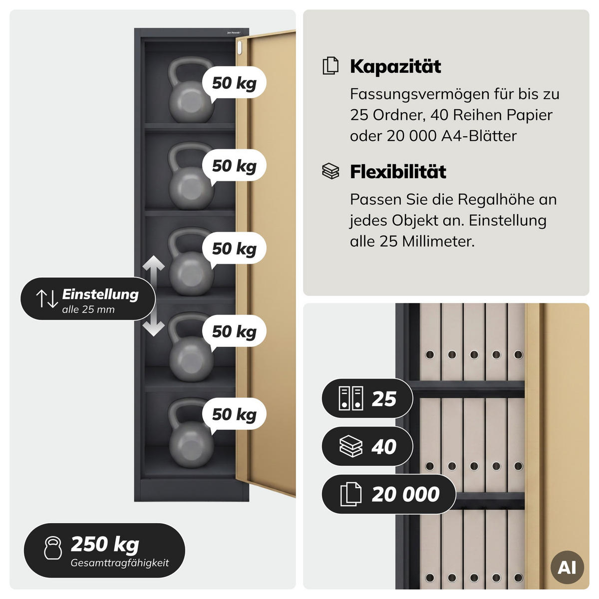 AKTENSCHRANK ALEX - Anthrazit/Braun, Metall (45/185/40cm) - Jan Nowak