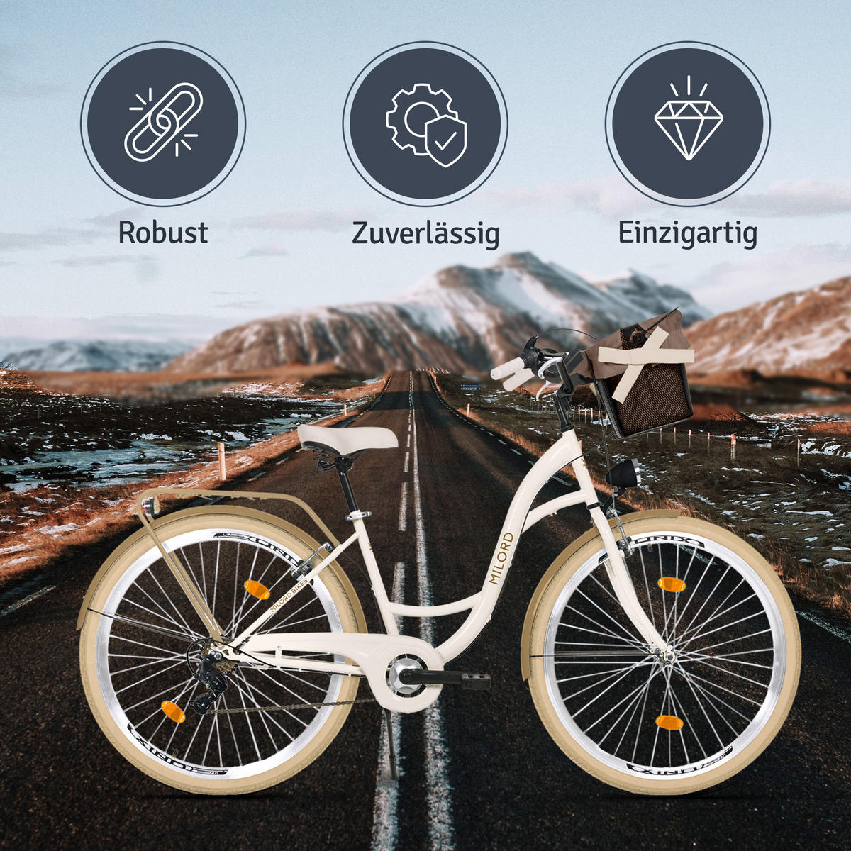 CITY-FAHRRAD Milord mit Metallkorb, 28 Zoll, Creme-Braun, 7-Gang - Creme/Braun, Metall (46cm) - Milordbikes