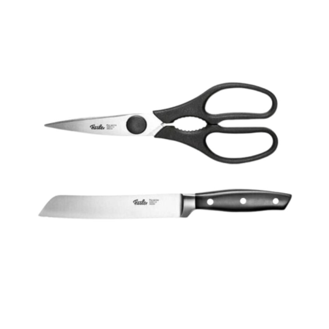 KÜCHENMESSER SET 2-tlg Schwarz Silber, Brotmesser 180 mm, Küchenschere, Edelstahl, Schneidemesser, Küchenzubehör, Profi Messer, Klingenstahl - Silberfarben/Schwarz, Metall - Fissler