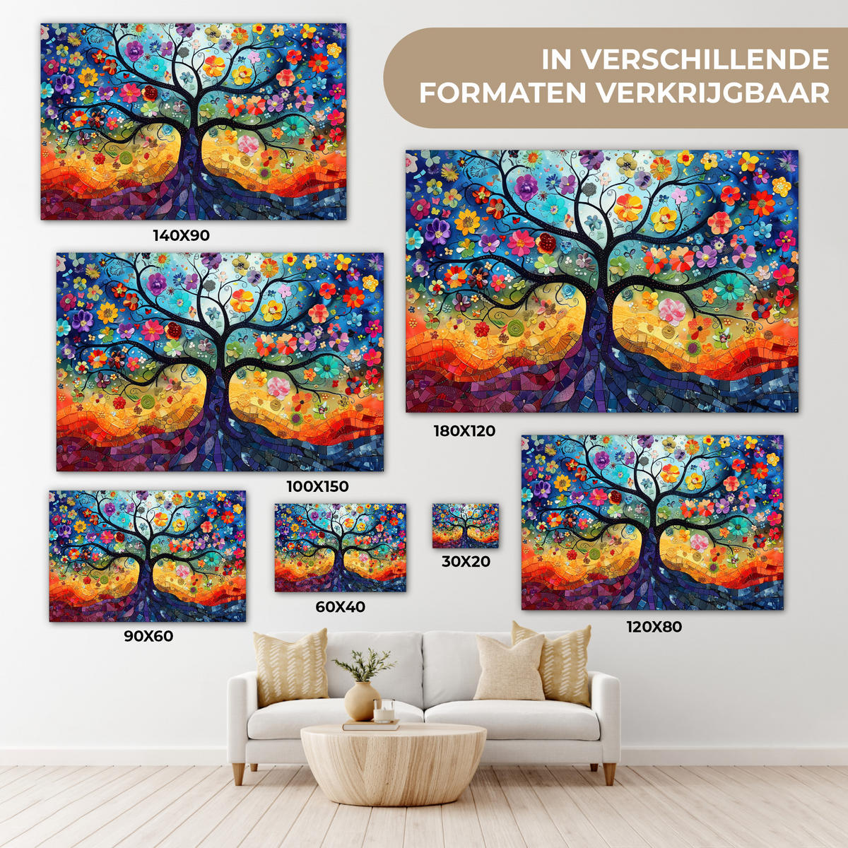 LEINWANDBILD Kunst - Baum des Lebens - Blumen - Hippie Wohnzimmer 120x80 cm - Dunkelblau, Textil (120/80cm) - MuchoWow