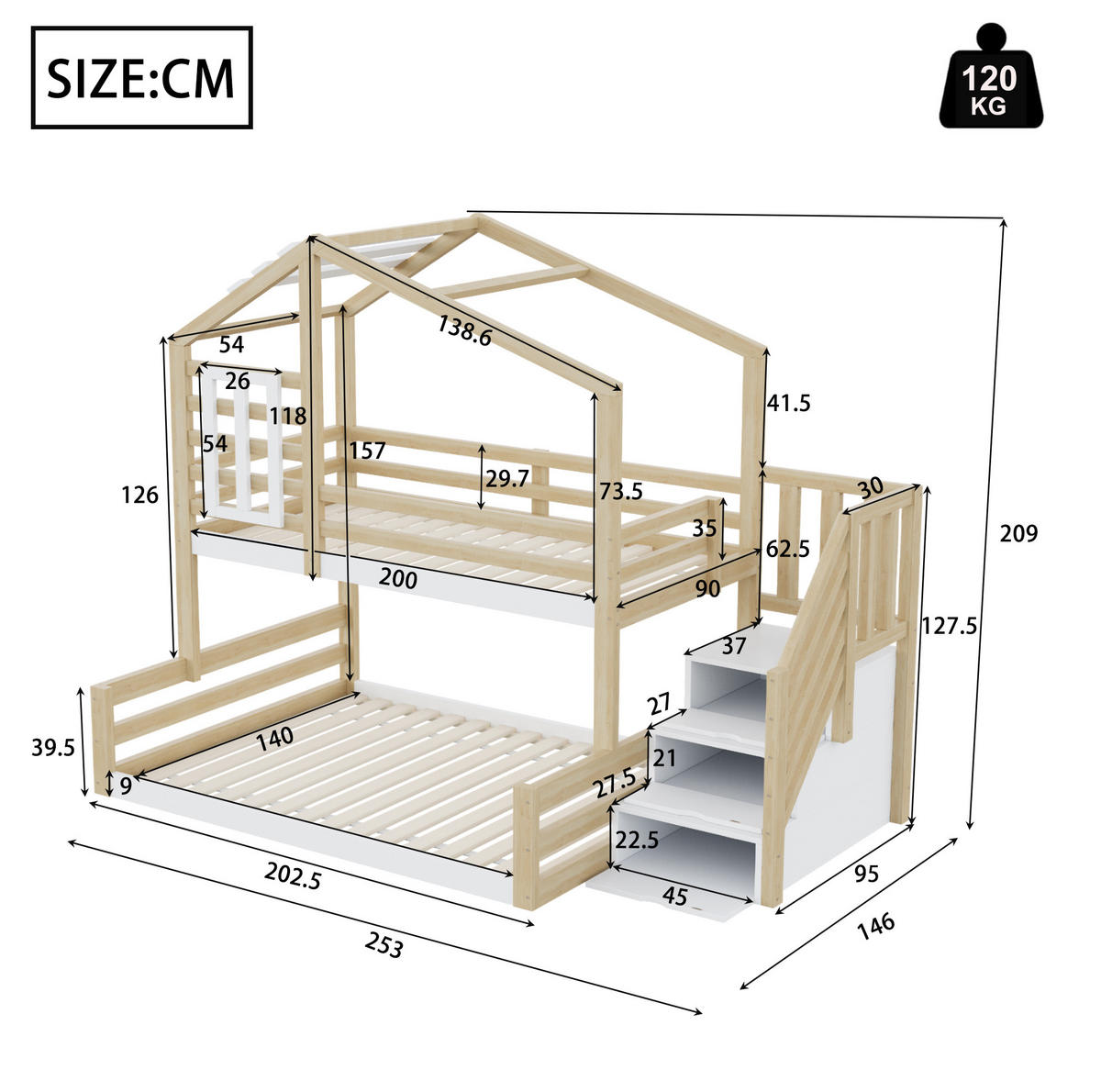 HAUSBETT 90/200 cm & 140/200 cm aus Kiefernholz mit Treppe und Stauraum - Naturfarben, Holz (90/200cm) - Flora Grace