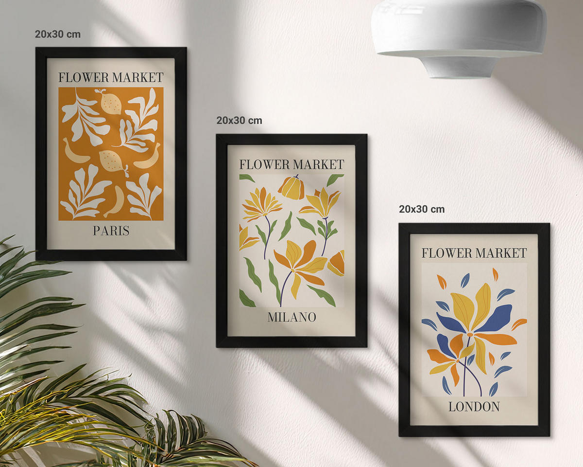 BILDER SET 3er Set - 20x30 cm Schwarzer Rahmen - Blumenposter Paris Mailand London - Schwarz, Kunststoff (20/30cm) - TULUP
