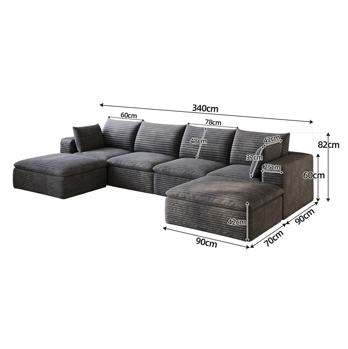 WOHNLANDSCHAFT aus Stoff 340 cm Dunkelgrau mit flexiblem Aufbau und Schaumstoffkomfort - Dunkelgrau, Textil (340/60/160cm) - Modfu
