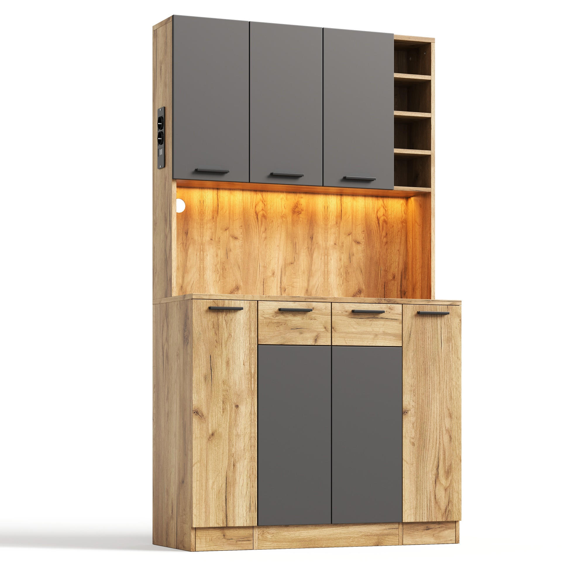BUFFET DE-38704 100/40/180 cm LED-Beleuchtung und Steckdose Natur - Naturfarben, Holzwerkstoff (100/180/40cm) - ComfortXL
