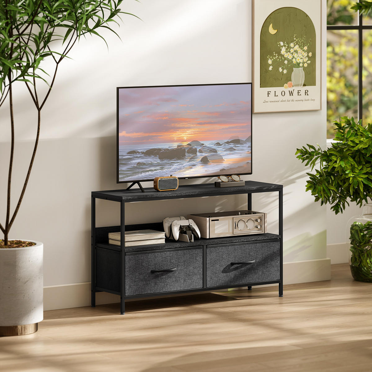 TV-LOWBOARD Dunkelgrau 98/29/56 cm, 2 faltbare Schubladen, Metallgestell - Dunkelgrau, Metall (98/56/29cm) - PANGIVO