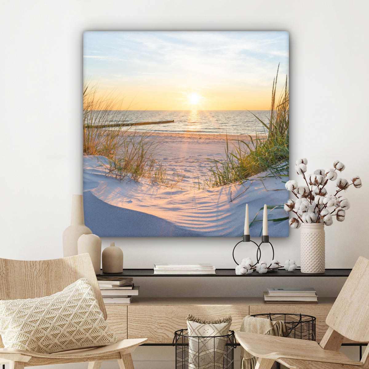 LEINWANDBILD Strand - Sonne - Düne - Gras - Sand - Horizont 90x90 cm - Hellblau, Textil (90/90cm) - MuchoWow