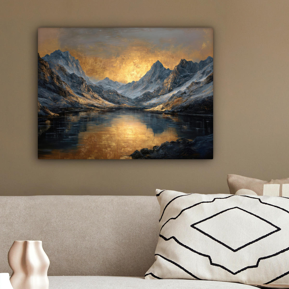 LEINWANDBILD Bergkulisse mit goldenem Sonnenuntergang Wandbild 40x30 cm - Goldfarben, Textil (40/30cm) - MuchoWow