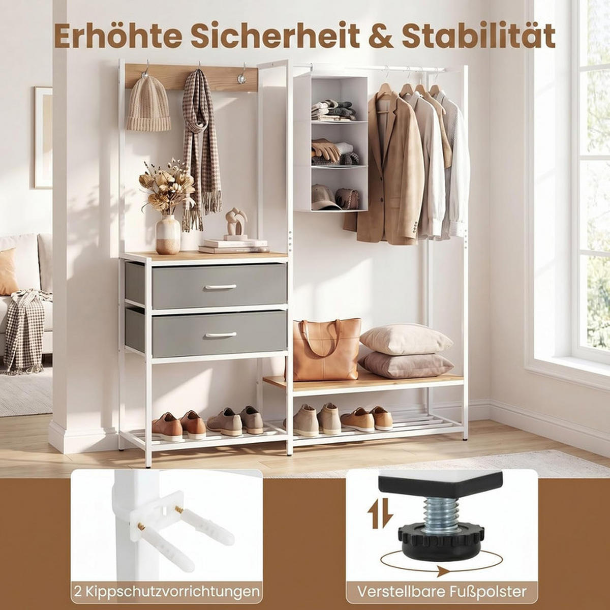 GARDEROBENSTÄNDER mit 2 Schubladen weiß - Weiß, Metall (138/161/35cm) - COSTWAY