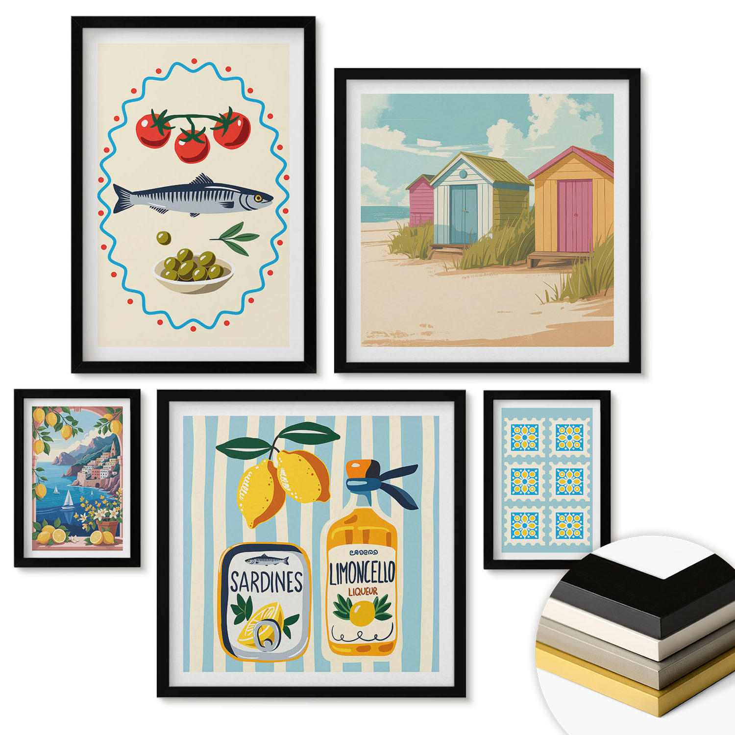 WANDBILDER 5er-Set - 50x50 cm & 20x30 cm & 40x60 cm Schwarzer Rahmen - Blumenwein Mailand Paris - Schwarz, Kunststoff (40/60cm) - ArtPrintCave