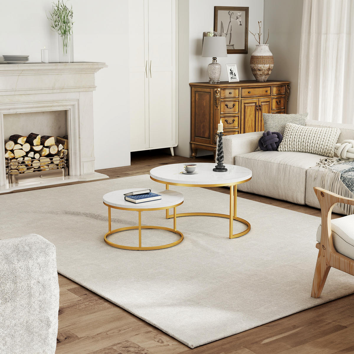 COUCHTISCH 80/45 cm in Weiß/Gold mit 2 Tischen und Marmoroptik - Goldfarben, Holzwerkstoff (80/80/45cm) - OKMYHOME