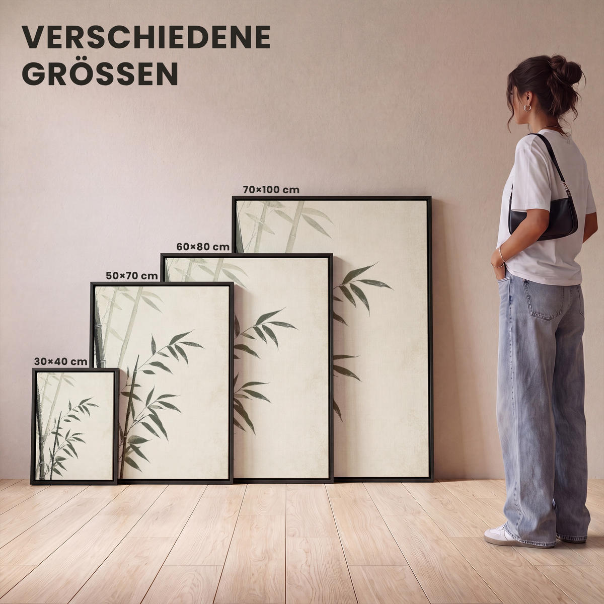 LEINWAND Bilder mit Rahmen - Japandi - Bambus - Beige - 50x70 - Eukalyptusholzfarben, Textil (50/70cm) - MuchoWow