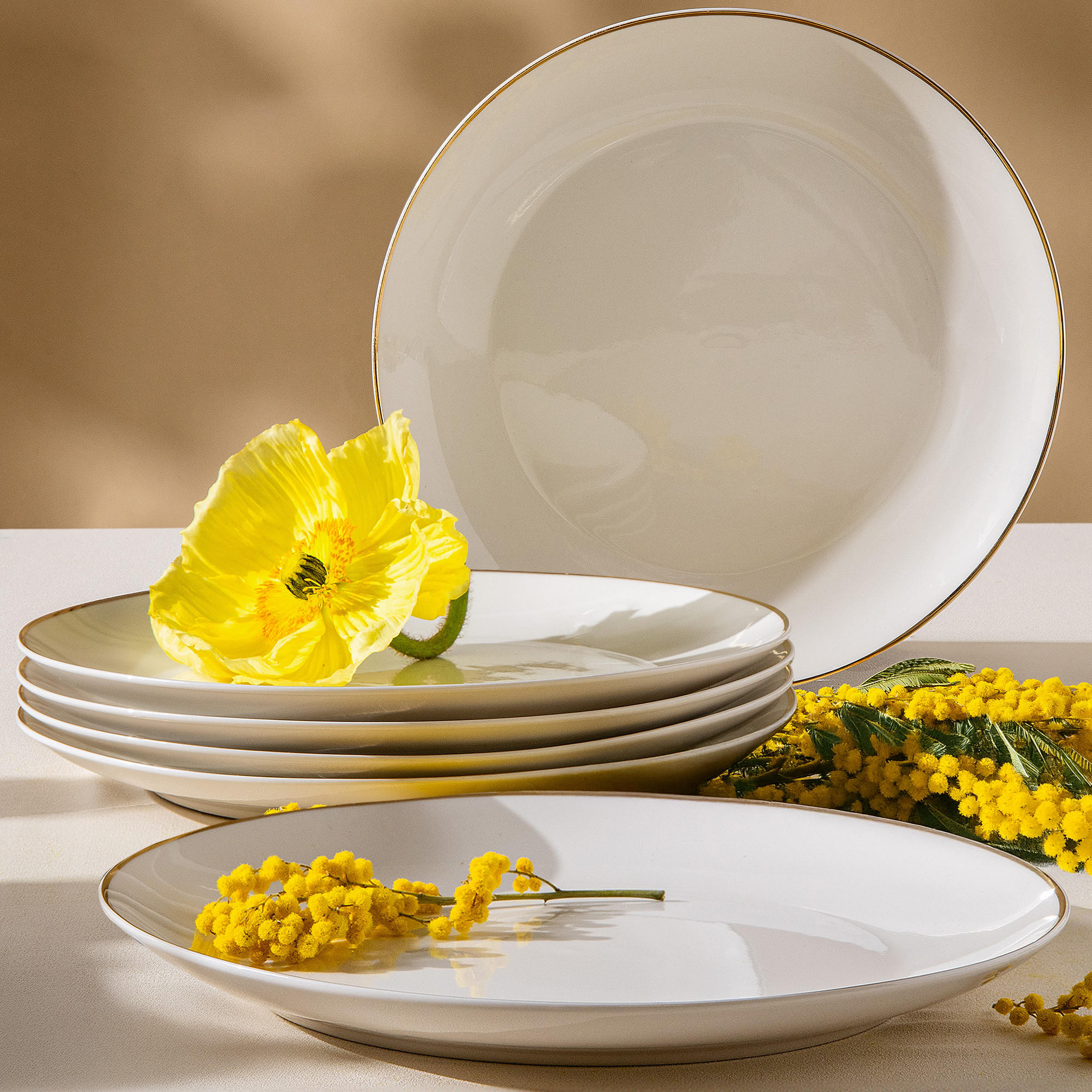 SPEISETELLER-SET AD BELLA, 6-tlg - Ecru/Goldfarben, Keramik (26/2.5/26cm) - KONSIMO®