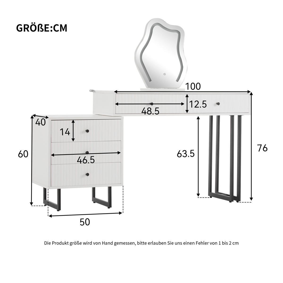 SCHMINKTISCH Weiß LED Spiegel ausziehbar 100x40x76cm - Weiß, Holzwerkstoff (40/76/100cm) - FLIEKS
