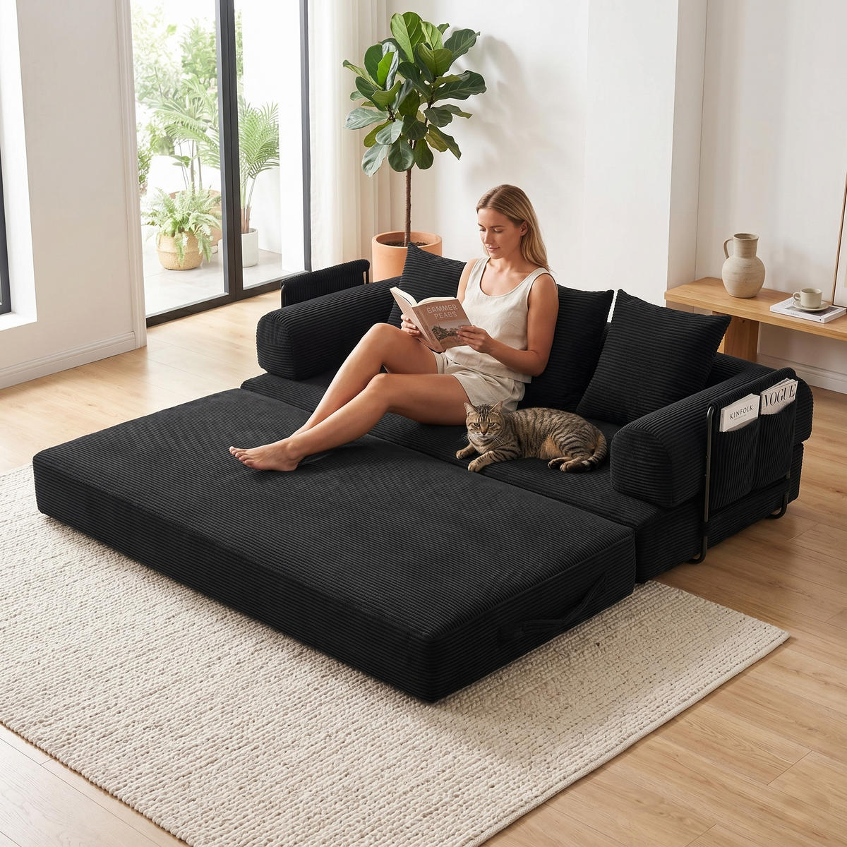 SCHLAFSOFA, Modulares Tagesbett mit Metallgestell, Klappbares Bodensofa Cordstoff, Schwarz - Schwarz, Textil (94/67/200cm) - LVHOM