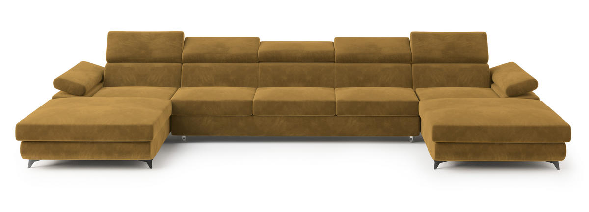 WOHNLANDSCHAFT VIVENTE Gelb Velours-Stoff mit Schlaffunktion - Gelb, Holz (410/89/190cm) - MASSENO