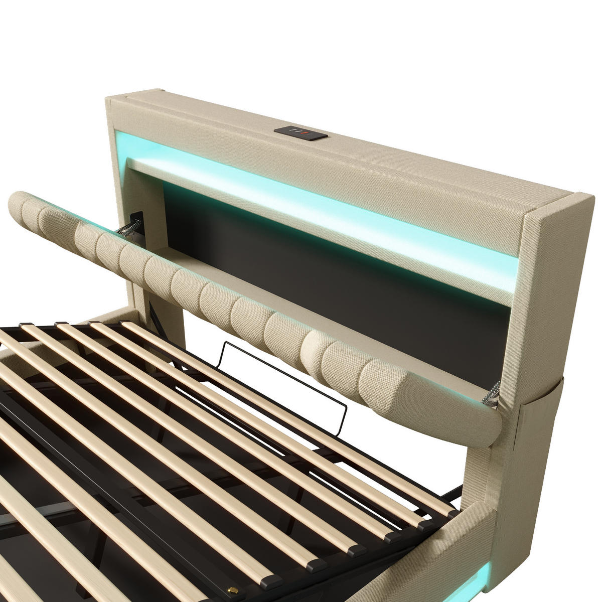 POLSTERBETT 140/200 cm mit hydraulischem Bettkasten, LED-Beleuchtung & USB/Typ-C im Kopfteil, Beige - Beige, Textil (140/200cm) - Redom