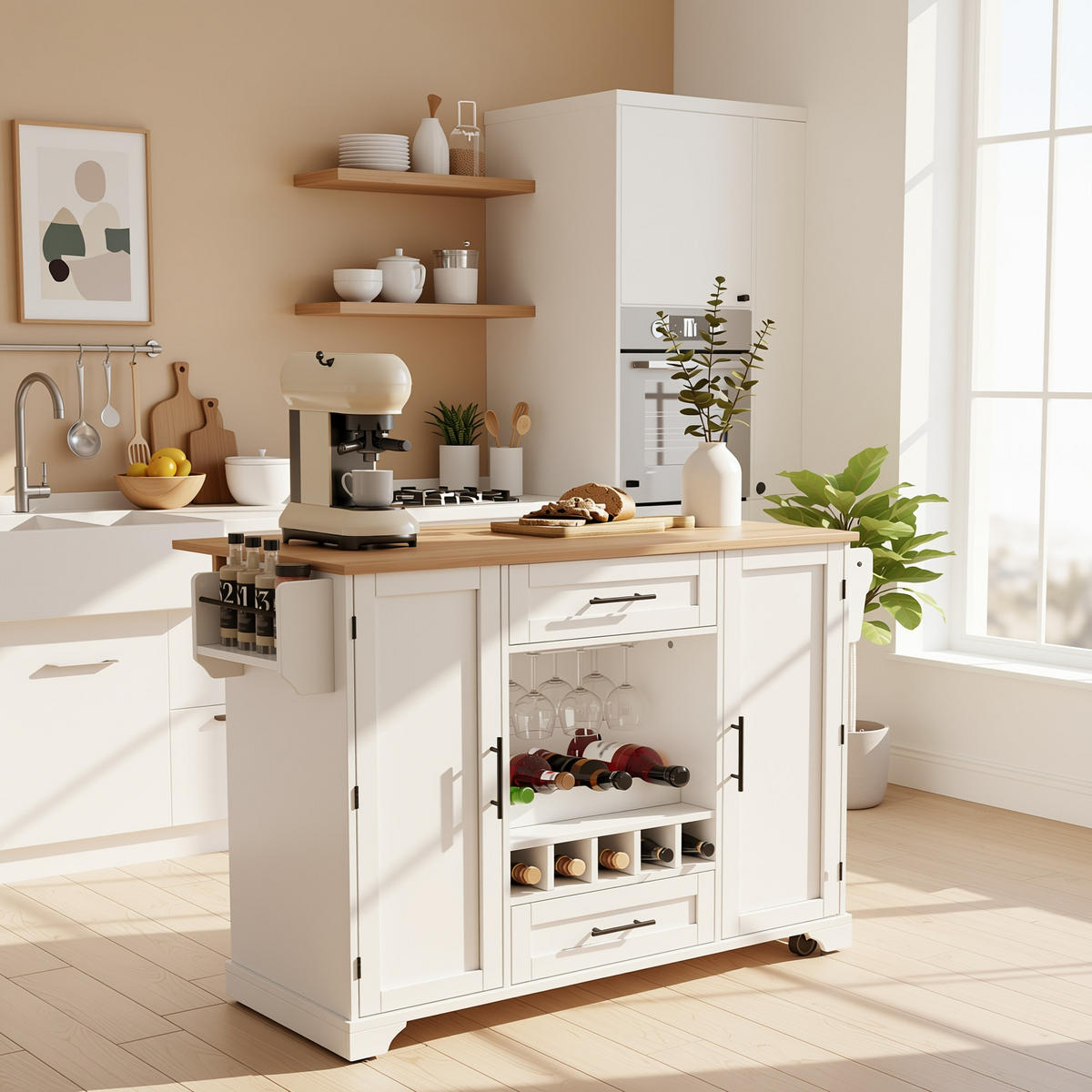 KÜCHENINSEL Mobile & Servierwagen in Weiß/Natur - Weiß, Holzwerkstoff (138/92/70cm) - Urban Meuble